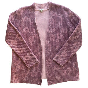 J Jill Women Purple Pink Floral Angora Open Front Long Sleeve Cardigan Sweater